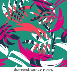 Abstract seamless floral pattern. colorful tropical leaves. exotic nature illustration. repeated backdrop for girl, textile, clothes, wrapping paper. exotic mothers. bright spots. 