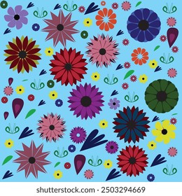 Abstract seamless Floral pattern. Colorful flower pattern. A colorful drawing of flowers with a blue background