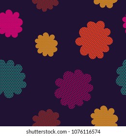 Abstract seamless floral pattern. Decorative flowers shape with dots ornament inside. Girlish repeated backdrop for fashion textile, clothes, wrapping paper. Summer wall
