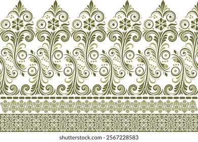 abstract seamless floral pattern with decorative border design, vintage botanical motifs, and ethnic geometric accents for fabric, textiles, wallpaper, and fashion