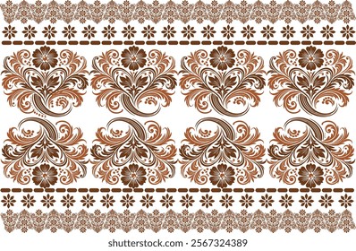 abstract seamless floral pattern with decorative border design, vintage botanical motifs, and ethnic geometric details for fabric, textiles, wallpaper, and fashion wear
