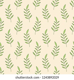 Abstract seamless floral pattern in doodle style. Regularly repeating vertical branches with leaves. Hand drawn floral decoration. Decorative elements for design. Vector color illustration.