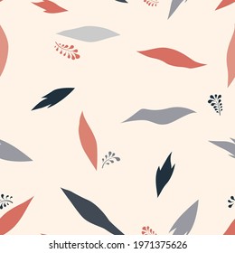 Abstract seamless floral pattern with dots and leaves. Ornamental flourish drawn pattern. Abstract backdrop with chaotic flowing dots. Artistic stylish tiled background.