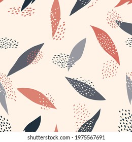 Abstract seamless floral pattern with dots and leaves. Ornamental flourish drawn texture. Abstract backdrop with chaotic flowing dots. Artistic stylish tiled  background.