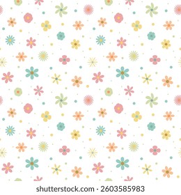 Abstract Seamless floral pattern with dots, simple colorful flowers hand drawn pattern, vintage groovy flowers. 60s, 70s, 80s 