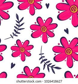 Abstract seamless floral pattern with flowers, hearts, leaves on white background. Girlish repeated backdrop for girl, textile, clothes, wrapping paper. romantic motives. 