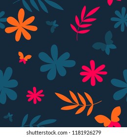 Abstract seamless floral pattern with flowers, butterflies, leaves. repeated backdrop for girl, textile, clothes, wrapping