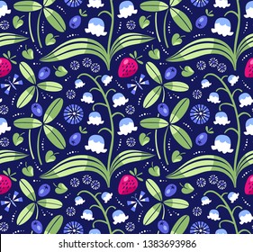 Abstract seamless floral pattern with flowers and berries. Hand-drawn vector illustration.