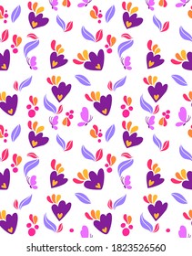 Abstract seamless floral pattern. Flowers repeats print with butterflies and hearts. Colorful cartoon blossom  ornament.