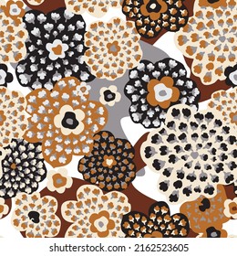 Abstract seamless floral pattern with flowers, dots, leaves. Chaotic flowing dotted petals. Artistic stylish tiled  background.