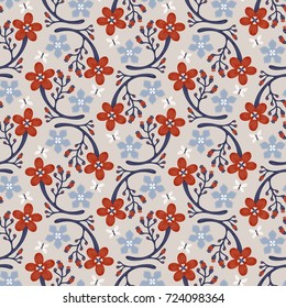 Abstract seamless floral pattern with flowers and butterflies. Hand-drawn vector Illustration