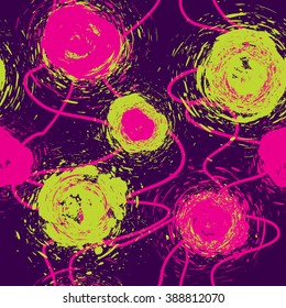 Abstract seamless floral pattern for girls. Grunge creative purple background with pink and green oval blur , shabby, lines. Textures wallpaper.