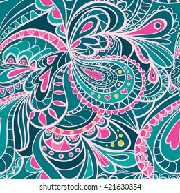 Abstract seamless floral pattern for girls. Elegant ornament. 
White, Turquoise and pink repetitive wallpaper. Repeated fashion background. Tender lace girlish pattern. 