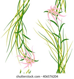 Abstract seamless floral pattern with grass and flowers against white background, hand drawn vector illustration