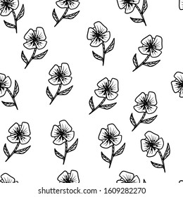 Abstract seamless floral pattern hand drawn. Simple flowers monochrome pattern, beautiful flowers and leaves. Black and White.  Vector pattern.