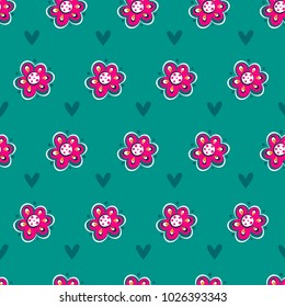 Abstract seamless floral pattern with hearts and flowers. Repeated backdrop for girl, textile, clothes,wrapping paper. Girlish wallpaper drawing in cartoon style. Romantic motives