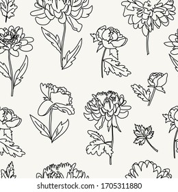 Abstract seamless floral pattern with the image of peony flowers, black and white. Line. Stock vector illustration.