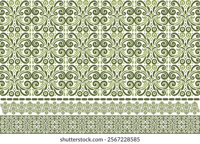 abstract seamless floral pattern with intricate border design, vintage botanical motifs, and ethnic geometric details for fabric, wallpaper, and fashion textiles