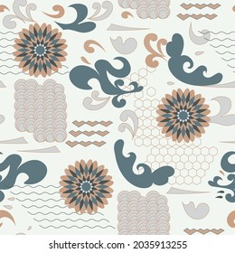 Abstract seamless floral pattern, Japanese vintage style, flowers, waves, shapes, geometric elements, ornament, white background, hand drawn, packaging, wallpaper, design for textiles, vector 