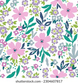 Resumen de un patrón floral sin fisuras con flores rosadas grandes y pequeñas moradas con hojas verdes sobre un fondo blanco. Ilustración vectorial.