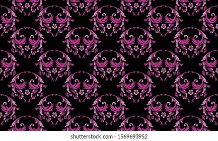 Abstract seamless floral pattern with leaf flower on black background.