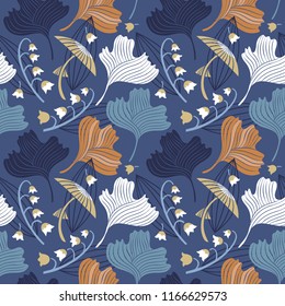 Abstract seamless floral pattern with leaves, mushrooms and lilies of the valley. Hand-drawn vector Illustration
