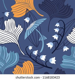 Abstract seamless floral pattern with leaves, mushrooms and lilies of the valley. Hand-drawn vector Illustration