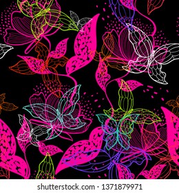 Abstract seamless floral pattern with leaves, flowers, butterflies. 