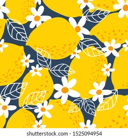 Abstract Seamless Floral Pattern. Lemon Fruits Background. Flowers, Leaves, Branches. Vector illustration for textile scrapbooking, wallpaper design