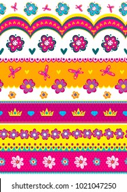 Abstract seamless floral pattern with line, dots, heats, crown, fly butterfly.  Flowers repeated backdrop for girl, textile, clothes,wrapping paper. Girlish wallpaper drawing in cartoon style 