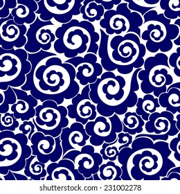 Abstract seamless floral  pattern. Monochrome blue and white wallpaper.Curls style texture.Vector illustration 