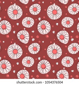Abstract seamless floral pattern on pink background with multicolored dots and lined chamomile flowers