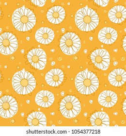 Abstract seamless floral pattern on yellow background with multicolored dots and lined chamomile flowers