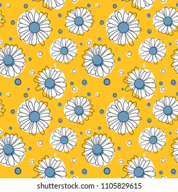 Abstract seamless floral pattern on yellow background with multicolored dots and lined chamomile flowers