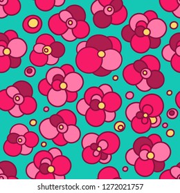 Abstract seamless floral pattern on bright blue background with violet  flowers and dots 