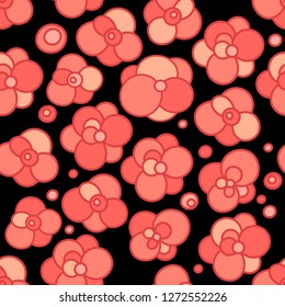 Abstract seamless floral pattern on black background with red and pink stylized flowers and dots 