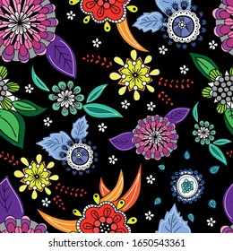 Abstract seamless floral pattern on black background. Vector illustration