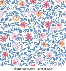 Resumen de un patrón floral sin fisuras sobre fondo azul. Vector dibujado a mano Ilustración colorido patrón kalamkari indio contorno estriado patrón floral