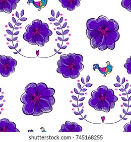Abstract seamless floral pattern on white background with decorative flowers. Girlish colorful repeated backdrop for textile, clothes, wrapping paper. 
