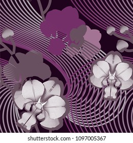 Abstract seamless floral pattern with orchids. Can be used as creating fantasy background, textile, wallpaper, wrapping paper, fabrics. Vector illustration.