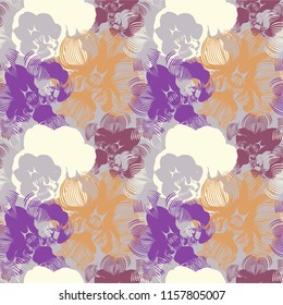Abstract seamless floral pattern with orchids. Can be used as creating fantasy background, textile, wallpaper, wrapping paper, fabrics. Vector illustration.