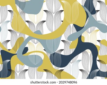 Abstract seamless floral pattern with abstract organic shapes in retro style. Dots and flower lotus shapes. Floral stylish artistic ornamental tile background