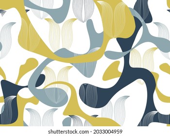 Abstract seamless floral pattern with abstract organic shapes in retro style. Dots and flower lotus shapes. Floral stylish artistic ornamental tile background