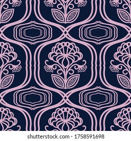 Abstract seamless floral pattern. Pink creative print on blue background, textile, tile
