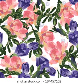 Abstract seamless floral pattern with of  pink and blue freesia. Vector background.