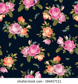 Abstract seamless floral pattern with of pink and orange roses on black background. Vector illustration.