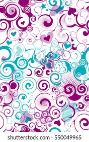 Abstract seamless floral pattern in purple, blue, white colors for girls, fashion, textile or fabric. Romantic Vector illustration. pattern with curls, curled elements, hearts. Ethnic ornament 
