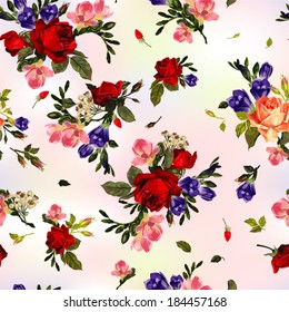 Abstract seamless floral pattern with of  red roses and pink and blue freesia. Vector background.