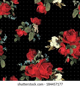 Abstract seamless floral pattern with of red  roses on black background. Vector illustration.