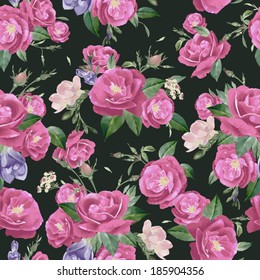 Resumen de un patrón floral sin fisuras, con roses y freesia sobre fondo negro. Ilustración vectorial.